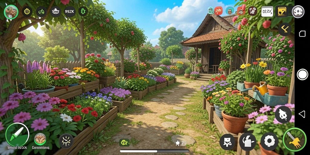 Screenshot utama dari gameplay 99ZK menunjukkan aktivitas berkebun yang seru.