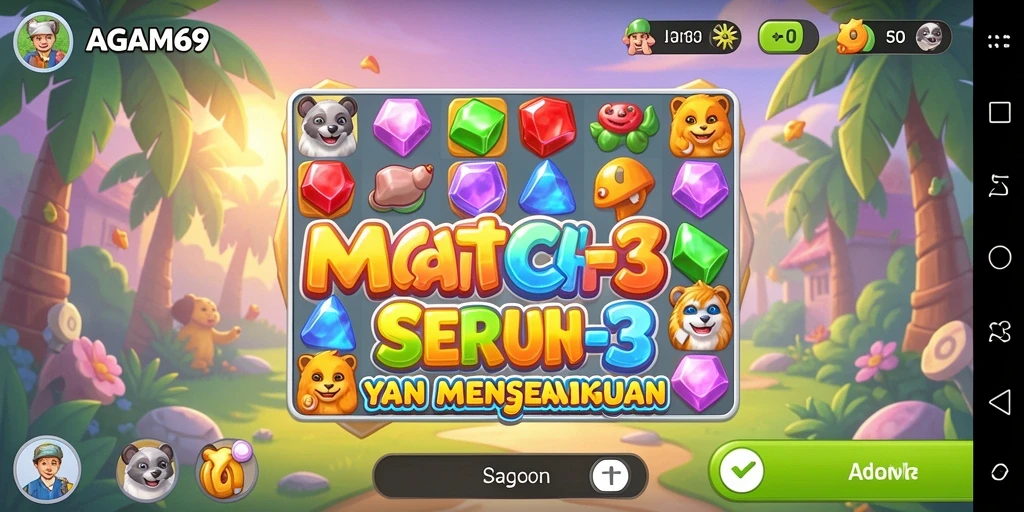 Tampilan menarik AGAM69 dengan gameplay Match-3 yang seru dan penuh warna.