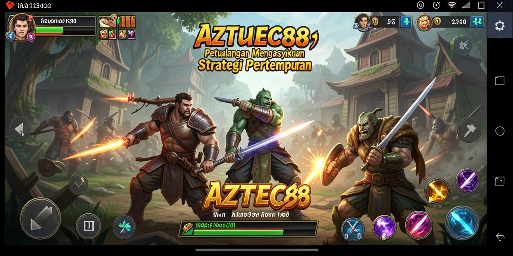 Screenshot gameplay AZTEC88 menampilkan pertempuran yang epik dan pemandangan yang menakjubkan.