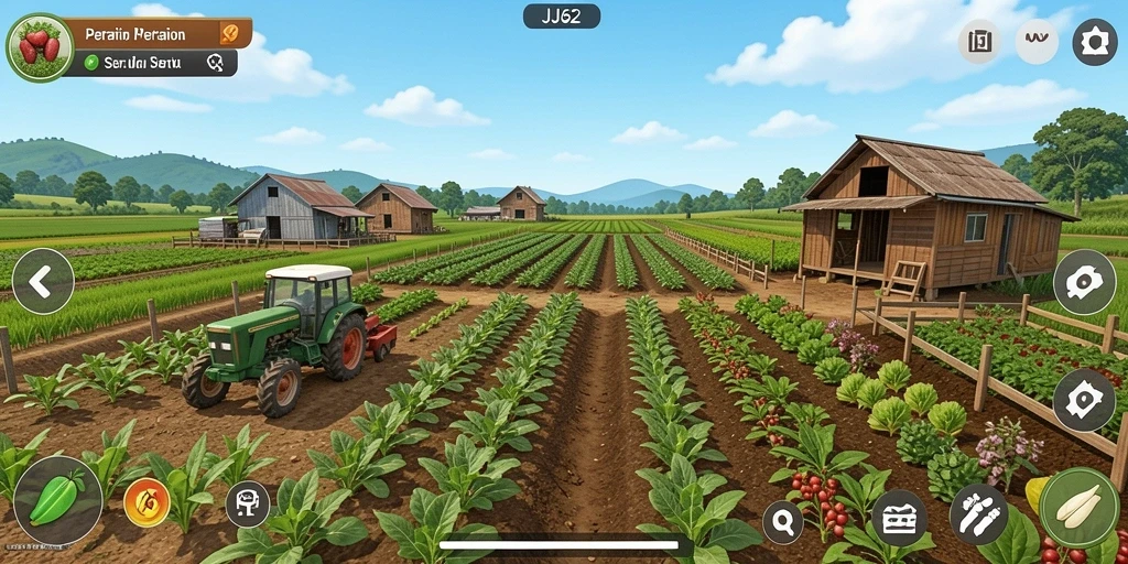 Gameplay seru saat bertani di JJ62 dengan pemandangan ladang yang indah.
