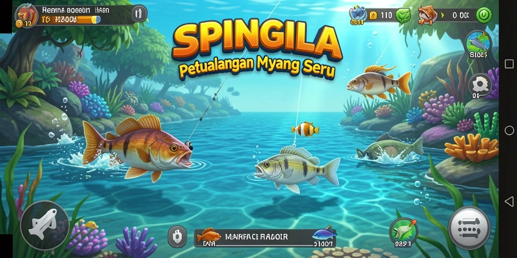 Tampilan gameplay SPINGILA yang menampilkan momen menangkap ikan.
